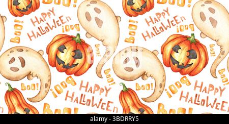 Piccolo colore beige fantasma con una simpatica espressione spettrale e una zucca, illustrazione ad acquerello testuale disegnata a mano. Spirito di Halloween, isolato. Lo schema è pervasivo Foto Stock