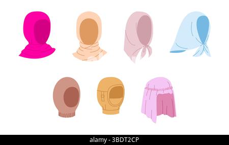 Set di cappelli e sciarpe completi per la testa e il viso - velo, Balaclava Keffiyeh Snood Hijab. Illustrazione tecnica dell'abbigliamento per cappellino accessorio Head Fashion. Schizzo di mockup del modello piatto della bretella di fissaggio vettoriale isolato Illustrazione Vettoriale