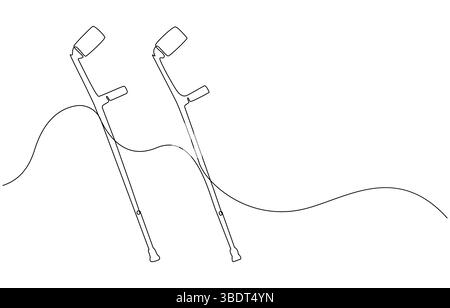 una linea che disegna le stampelle per aiutare i feriti e gli anziani. Concetto di apparecchiature mediche, disegno continuo di una singola linea del gomito moderno Illustrazione Vettoriale