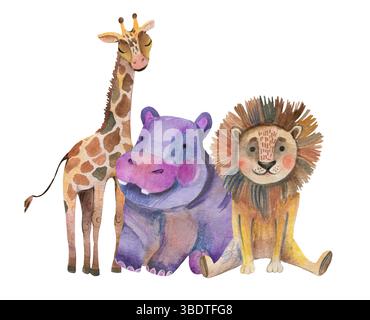 Safari in acquerello, animali della giungla, baby clipart. Illustrazione Vettoriale