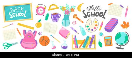 Colorata collezione Back to School con vivaci articoli didattici e di cancelleria, stile retrò alla moda, perfetta per i design a tema scolastico. Illustrazione Vettoriale