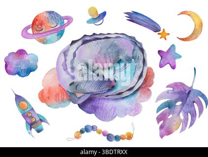 Illustrazione del neonato con animale ad acquerello. Coccodrillo su una nuvola multicolore Foto Stock