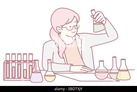 Una scienziata in un laboratorio esamina provette e matracci, dimostrando la sua esperienza in esperimenti chimici Illustrazione Vettoriale