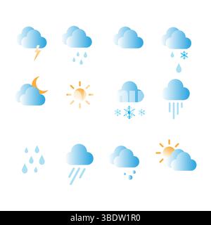 Icone meteo impostate su sfondo bianco per le app di progettazione delle previsioni. Illustrazione vettoriale di stile moderno e piatto. Illustrazione Vettoriale