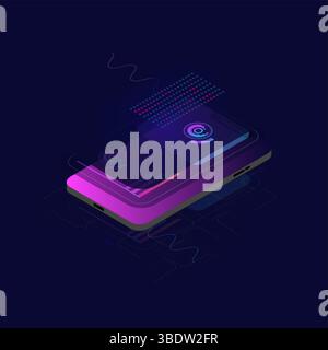 Telefono cellulare con statistiche online e analisi dei dati. Mercato monetario digitale, investimenti, finanza e commercio. Ideale per Web design, banner e. Illustrazione Vettoriale