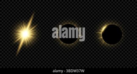Eclissi solare realistica che mostra diverse fasi con sole incandescente e sfondo trasparente, perfetta per progetti di astronomia e spaziali Illustrazione Vettoriale