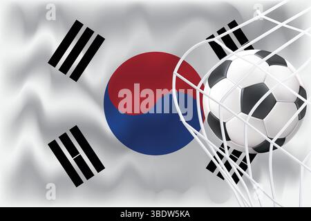 Bandiera 3D della Corea del Sud modificabile con calcio e rete. Perfetto per post sportivi, promozioni per il giorno delle partite, grafica della Coppa del mondo. Ideale per banner e annunci. Illustrazione Vettoriale