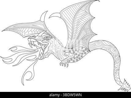 Illustrazione dettagliata in bianco e nero di un drago volante mitico che spara fuoco. La creatura è adornata da motivi intricati, adatti per Illustrazione Vettoriale