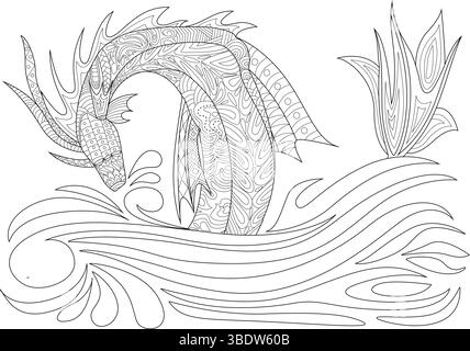 Dettagliata illustrazione in bianco e nero di un mitico drago marino che emerge dall'acqua vorticosa, adornato da intricati motivi e decorazioni Illustrazione Vettoriale