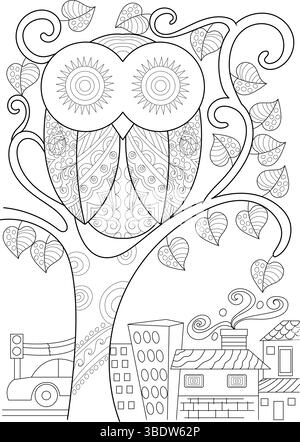 Illustrazione disegnata a mano in stile doodle di un gufo stilizzato seduto su un ramo d'albero adornato con foglie a motivi geometrici, guardando verso il basso un semplice paesaggio urbano con Illustrazione Vettoriale