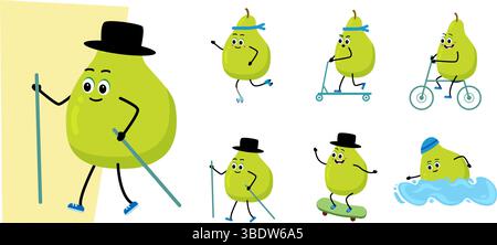 Carino personaggio di pera. sport - ciclismo, nordic walking, scooter, skateboard, nuoto, Illustrazione Vettoriale