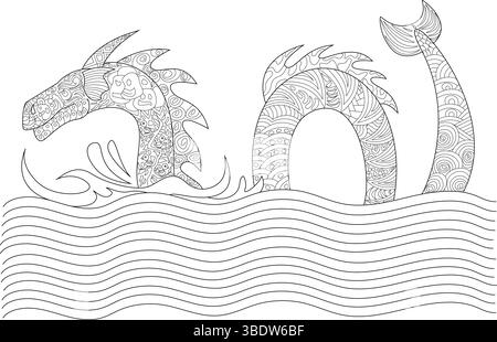 Intricata illustrazione in linea di un fantastico drago o serpente marino che emerge dalle onde, riprodotta in un dettagliato stile doodle di Zentangle. Ideale per c Illustrazione Vettoriale