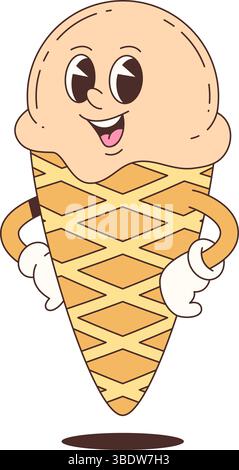 Mascotte a cono per gelato a cartoni animati in cono waffle con espressione gioiosa perfetta per pubblicità estiva, branding stagionale, confezionamento di alimenti e divertimento Illustrazione Vettoriale