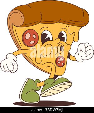 Allegra mascotte per pizza a cartoni animati con formaggio fuso, guanti bianchi e sneakers verdi in movimento. Adatto per promozioni alimentari e design dinamico. Vettore Illustrazione Vettoriale