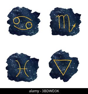 Segni zodiacali astrologici nel cielo stellato. Illustrazione acquerello. Una serie di cancro, scorpione, pesci, isolati su sfondo bianco. Argomento come Foto Stock