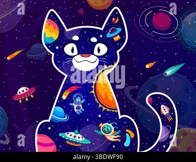 Gatto spaziale con razzi galassici cartoni animati, stelle e UFO alieni, sfondo del poster vettoriale. Spazio con divertente telaio per gatto e astronave a razzo, pianeti e asteroidi, comete e astronauta marziano alieno Illustrazione Vettoriale