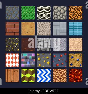 tessere di gioco pixel art a 8 bit con set di motivi e texture senza cuciture, sfondi vettoriali dei cartoni animati. piastrelle con motivo a 8 bit di mattoni, pietre e lava, tavola di legno e scala del drago per lo sfondo del gioco Illustrazione Vettoriale