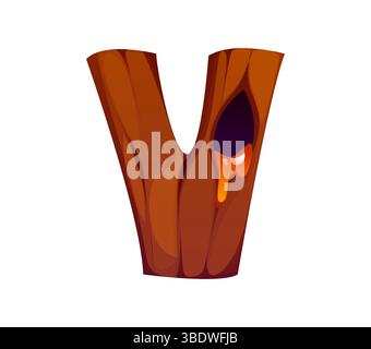 Tipo di carattere miele, lettera dell'alveare cavo dell'albero V. simbolo alfabetico inglese dell'allevamento delle api da miele, elemento del tipo di carattere vettoriale dell'apicoltura. Simbolo ABC del raccolto del miele dolce per bambini o lettera tipo agricoltura apiaria Illustrazione Vettoriale