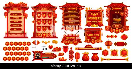 Interfaccia utente di gioco gui in cinese, risorse di pulsanti e frame. Finestre dell'interfaccia utente asiatica del vettore cartoni animati, opzioni, piastre delle impostazioni, barre di avanzamento e icone. Schede utente, cursori, tasti e pannelli di menu interattivi Illustrazione Vettoriale