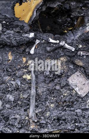 Particolare del vecchio crematorio con resti di ossa umane, cimitero Foto Stock