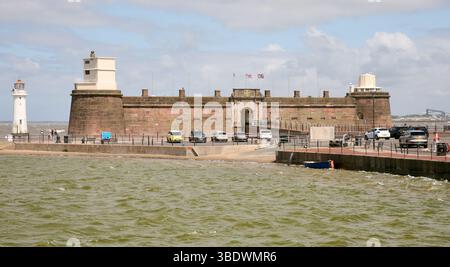 Una vista di Fort Perch Rock a New Brighton su The Wirral, Merseyside, Regno Unito, Europa Foto Stock