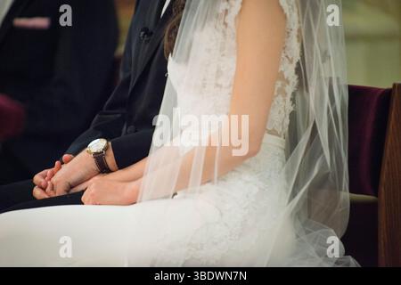 Sposa e sposo che si tengono per mano durante la cerimonia Foto Stock