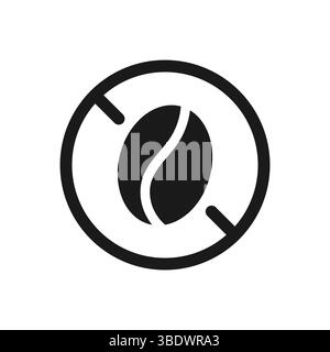 Icona rotonda senza caffeina. Prodotto decaffeinato. Un cartello che mostra un chicco di caffè barrato. Il simbolo rotondo indica la bevanda senza ingrediente di caffeina Illustrazione Vettoriale