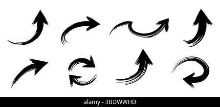 Set di frecce in grassetto tracciate con pennello. Raccolta di frecce spesse disegnate a mano in direzioni diverse Illustrazione Vettoriale