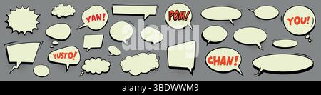 Serie di bolle ed elementi fumettistici retrò con ombre di mezzitoni nere Illustrazione Vettoriale