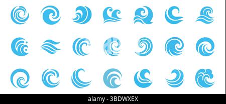 Serie di onde blu e spruzzi d'acqua, simboli della natura ondulata nelle illustrazioni dei vettori di movimento. Illustrazione Vettoriale