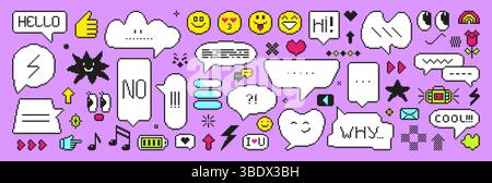 Elementi in stile pixel art anni '90. Diverse bolle di comunicazione, messaggi e segnali di comunicazione. Dialogo chat forme a 8 bit, volti, cuori, vettore neoterico Illustrazione Vettoriale
