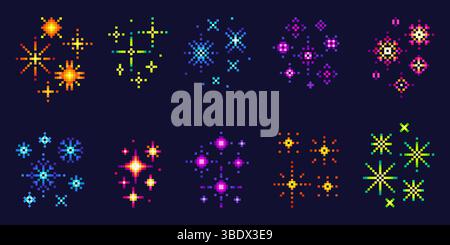 Fuochi d'artificio in stile pixel. L'arte scintilla colorata, stelle e scintillanti. Christmas y2k Signs, elementi per videogiochi a 8 bit. Composizioni per feste natalizie Illustrazione Vettoriale