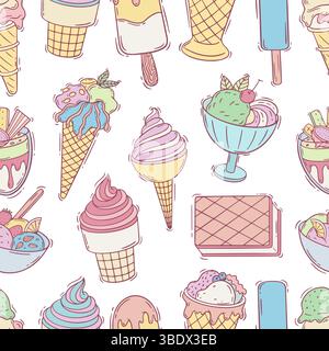 Gelato Doodle senza cuciture. Dolce, cremoso e freddo, cibo popolare estivo. Stampa per tessuti, carta da parati, involucri, sfondo vettoriale neoterico Illustrazione Vettoriale