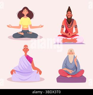 Guru spirituali. Insegnanti buddisti, mentori per i cercatori spirituali collezioni di caratteri purnima vettoriali esatti Illustrazione Vettoriale