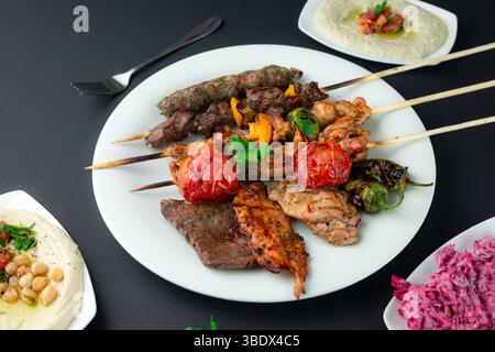 Piatto grill misto - Kebab, pollo e coscia di pollo - servito con verdure alla griglia e antipasti Foto Stock