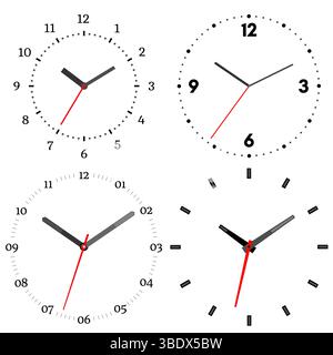 Un set di quattro orologi meccanici. Quadrante dell'orologio su sfondo bianco. Illustrazione Vettoriale