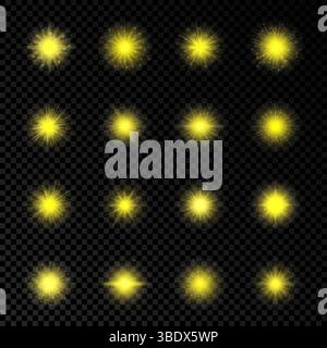 Effetto luminoso dei brillamenti dell'obiettivo. Set di sedici luci gialle incandescenti effetto stellare con scintille su sfondo trasparente. Illustrazione vettoriale Illustrazione Vettoriale