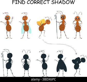 Trova l'ombra corretta, i bambini giocano. Gioco educativo per bambini in età prescolare o all'asilo per lo sviluppo dell'attenzione. Personaggi delle formiche dei cartoni animati, vettore Illustrazione Vettoriale