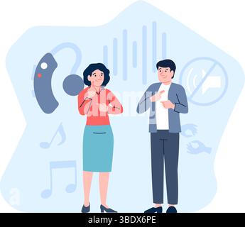 Coppia sorda che parla. L'uomo parla con la donna nel linguaggio dei segni. Comunicazione sociale e dialogo inclusivo. Scena vettoriale recente dei personaggi non udenti Illustrazione Vettoriale