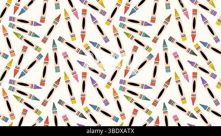 Grazioso motivo senza cuciture con pastelli pastello colorati in una disposizione disordinata. Lo stile cartoni animati piatto aggiunge fascino e leggerezza, ideale per gli sfondi Illustrazione Vettoriale