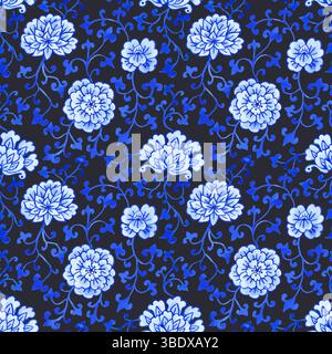 Modello chinoiserie monocromatico blu acquerello senza cuciture Illustrazione Vettoriale