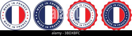 stemmi rotondi con bandiera francese e testo made in france in rosso, blu e bianco per le etichette di origine dei prodotti Illustrazione Vettoriale