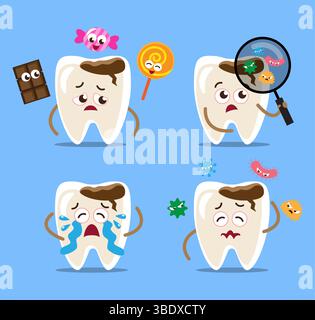 Carie dentarie o carie dentarie . Set di denti personaggi dei cartoni animati . Isolato su sfondo blu . Vettore . Illustrazione Vettoriale