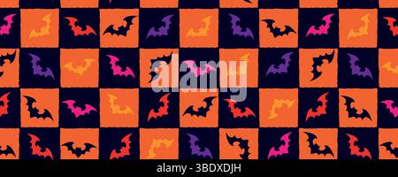 Motivo senza cuciture per scacchiera Halloween rétro con icone pipipistrello in arancione, rosso e viola. Design divertente e vivace, ideale per le feste Illustrazione Vettoriale