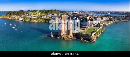 Francia , Bretagna viaggi e luoghi di interesse. Vista aerea della torre Solidor e della città medievale di Saint Malo. Popolare destinazione turistica e attrazione. Foto Stock