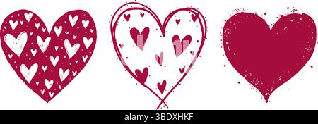 Tre cuori disegnati a mano con motivi decorativi unici, tonalità rosse e bianche, su un semplice sfondo bianco, a simboleggiare l'amore. San Valentino Illustrazione Vettoriale
