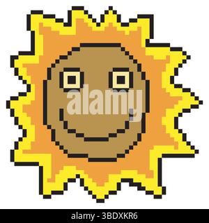 Pixel art emoticon del sole sorridente Illustrazione Vettoriale