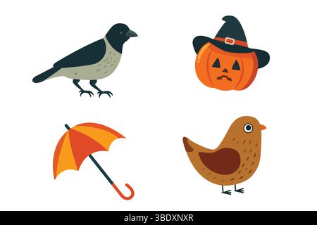 Una collezione di icone autunnali stagionali con affascinanti uccelli, zucche e ombrelli Illustrazione Vettoriale