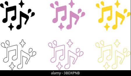 Varie note musicali colorate con decorazioni scintillanti, poste su uno sfondo pulito Illustrazione Vettoriale