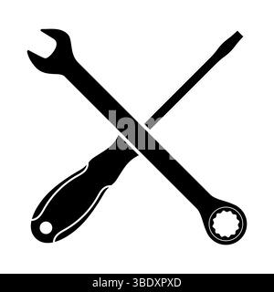 Illustrazione vettoriale con icona a forma di chiave e cacciavite incrociata. Un'icona semplice e audace di una chiave e di un cacciavite incrociati a forma di X. Illustrazione Vettoriale